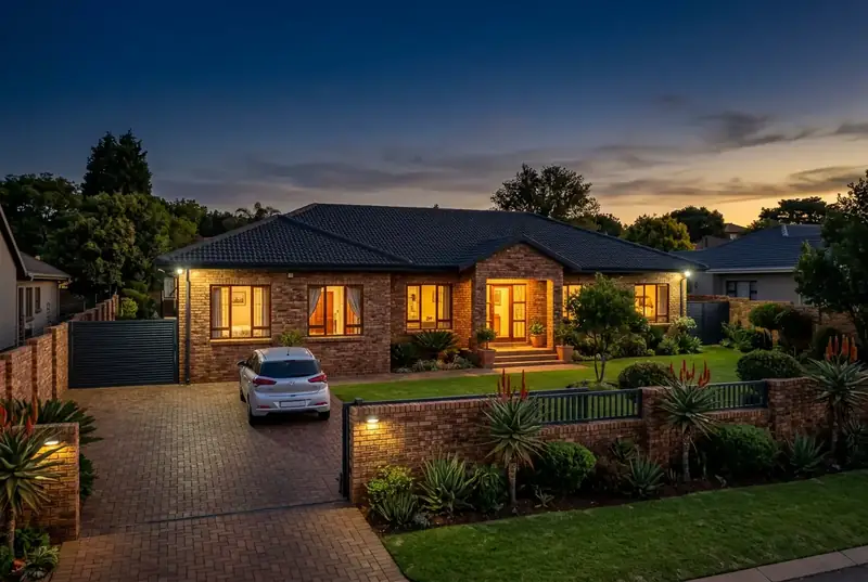 A face-brick family home in a Gauteng suburb at dusk, lights on inside and a car in the driveway